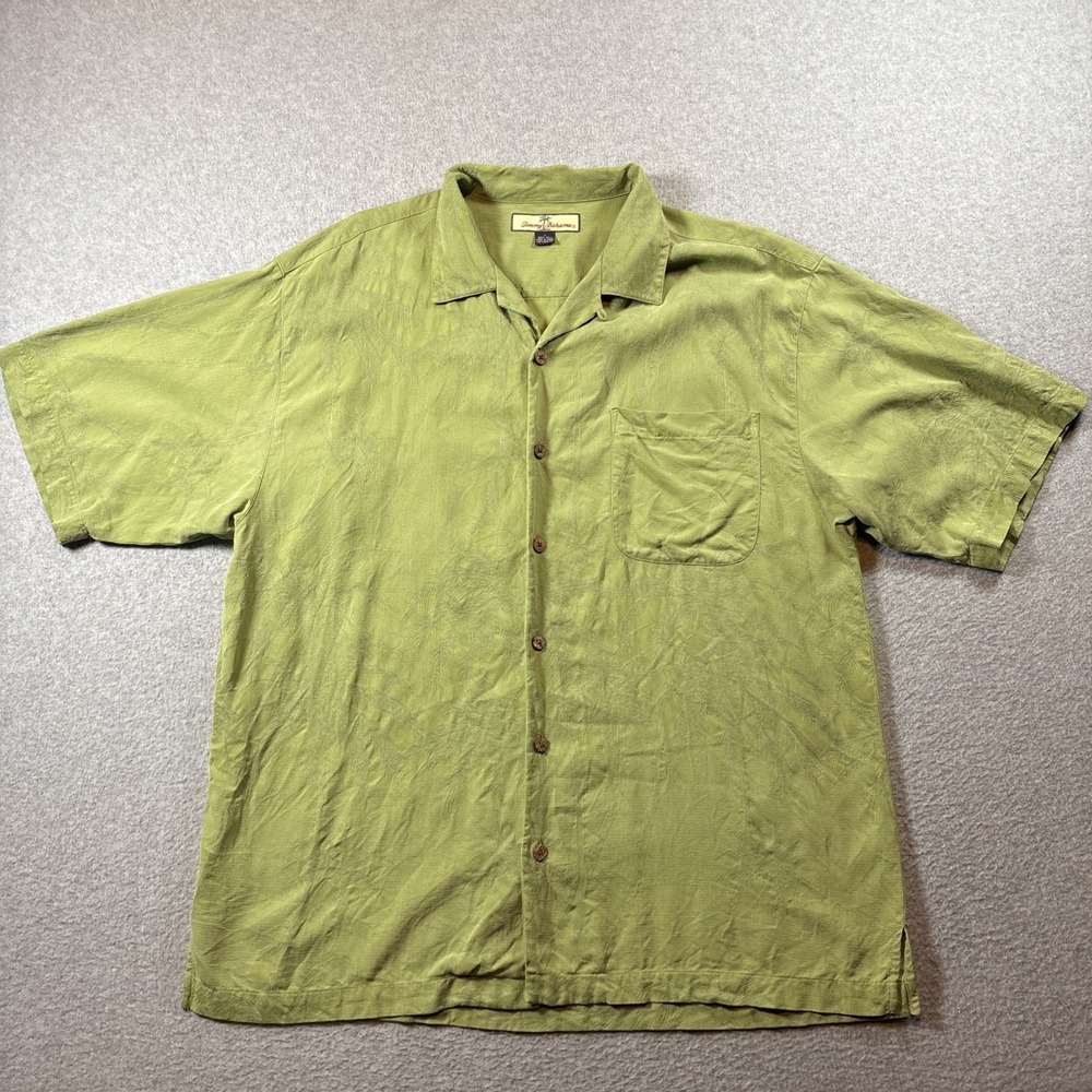 Tommy Bahama Men's 100% Silk Green Short Sleeve Button Up Sz L Palm Tree Hawaiia